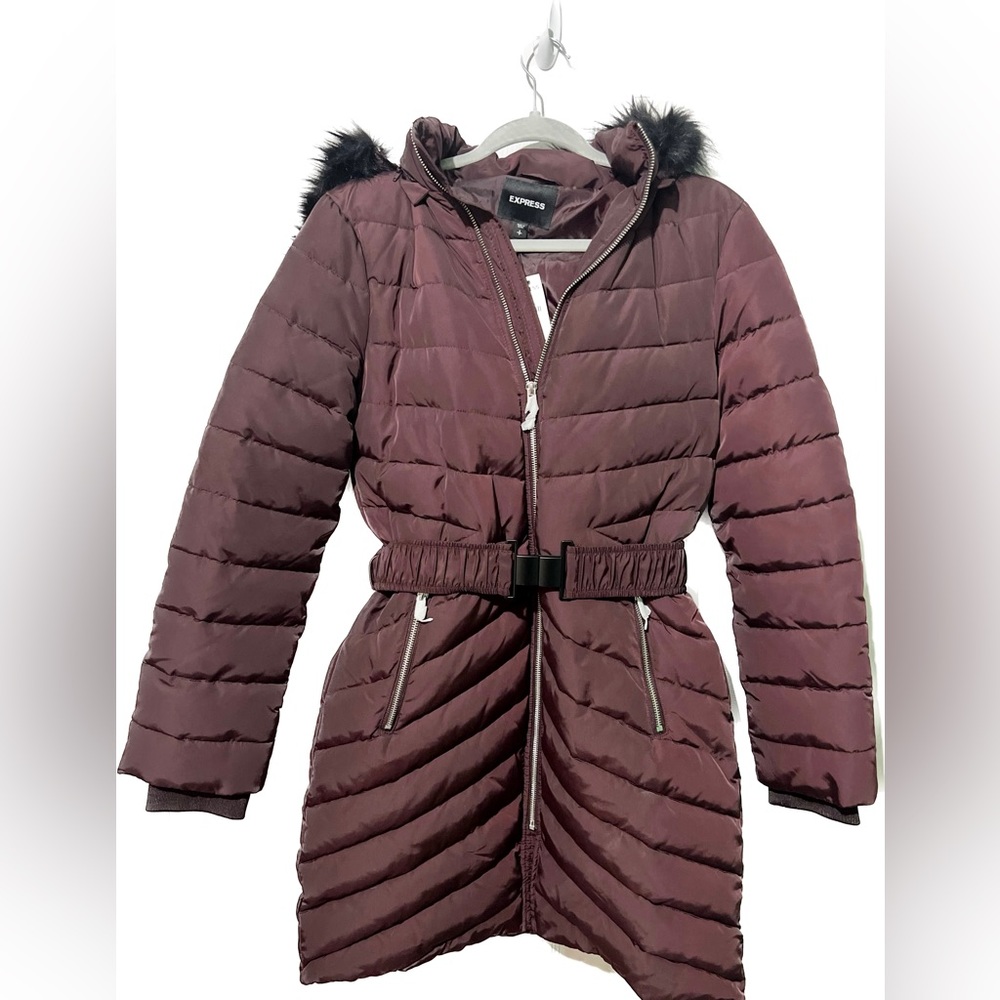 Express long belted puffer winter coat